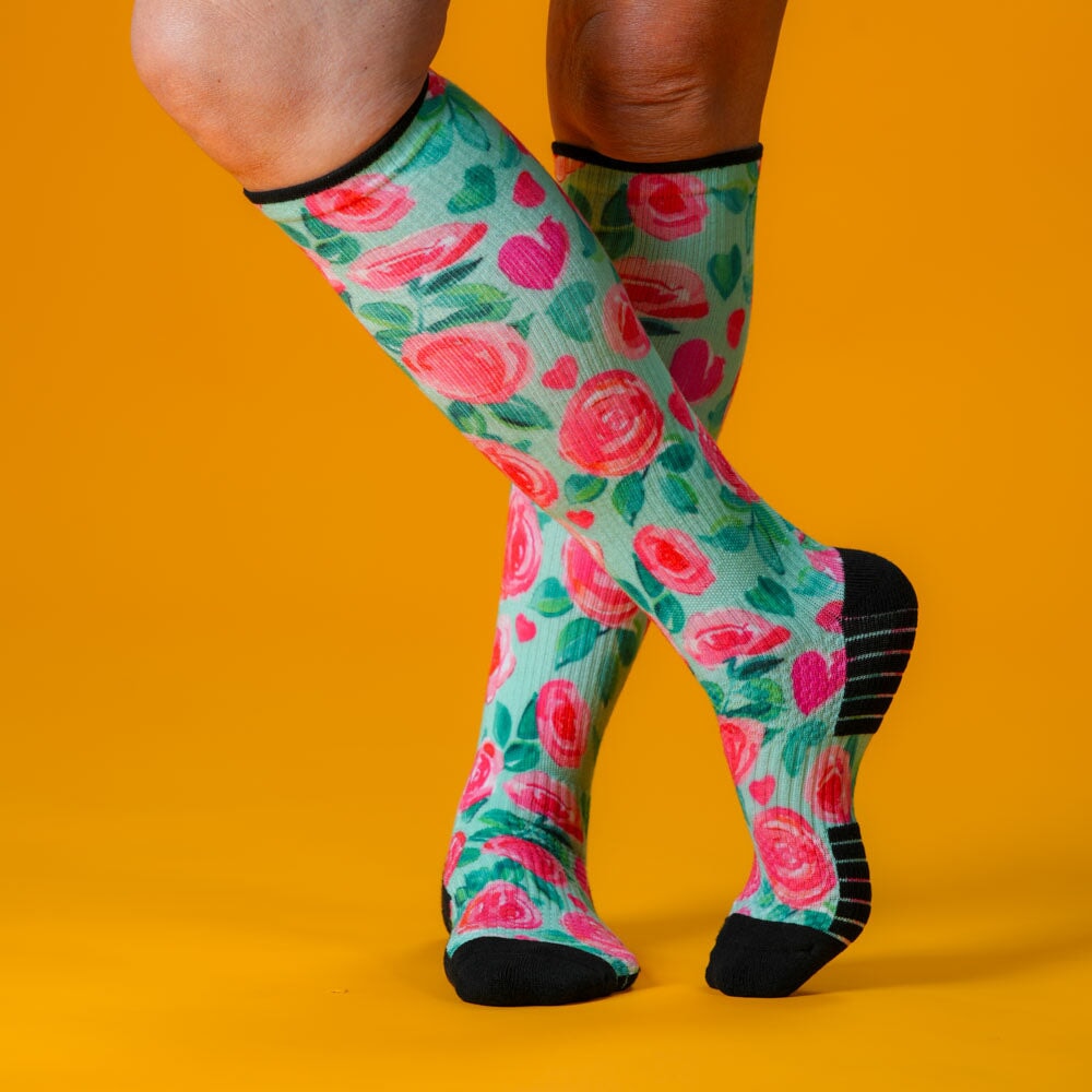 Viasox Sweet Roses Compression Socks stretched display