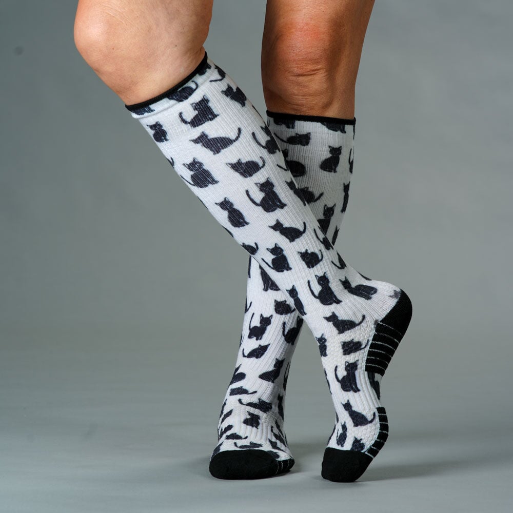 Viasox Black Meows Compression Socks stretched display