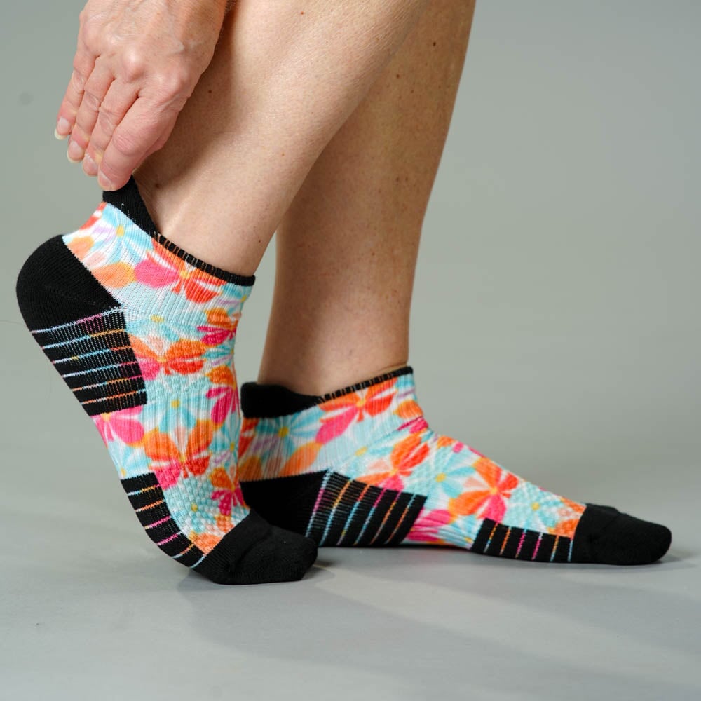 Viasox Groovy Blooms Ankle Compression Socks stretched display