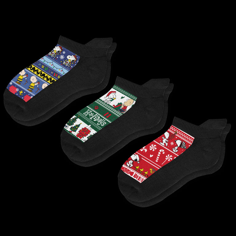 Peanuts Xmas Ankle Diabetic Socks Bundle 3-Pack Flat View