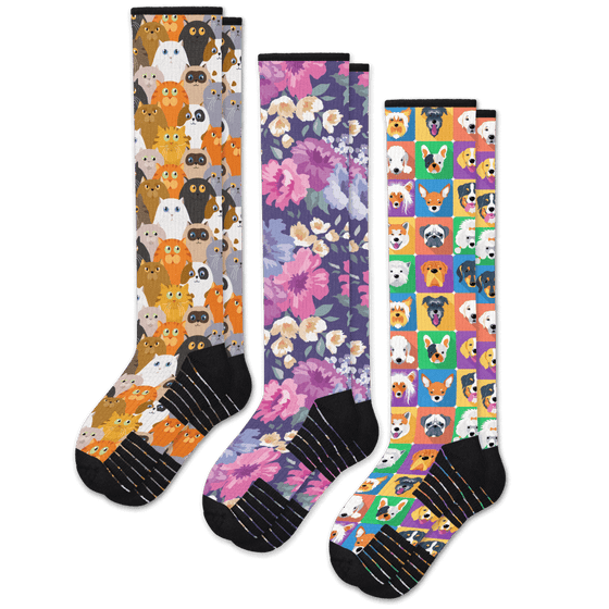Viasox Paws & Petals Compression Socks Bundle 3-Pack front view