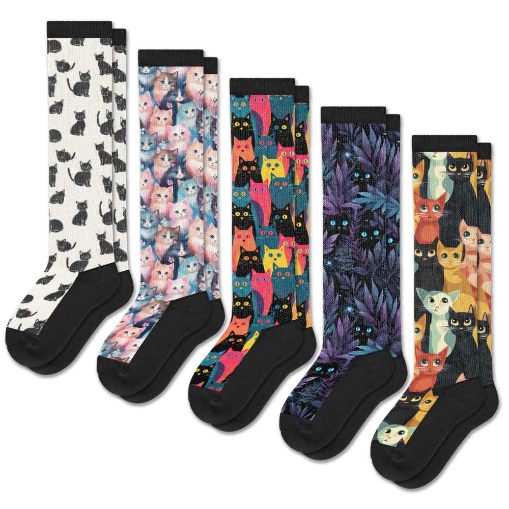 Viasox Cozy Cat EasyStretch™ Socks 5-Pack Bundle front view