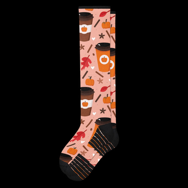 Fall Themed Pumpkin Spice Latte Black Compression Socks From Viasox - Flat View