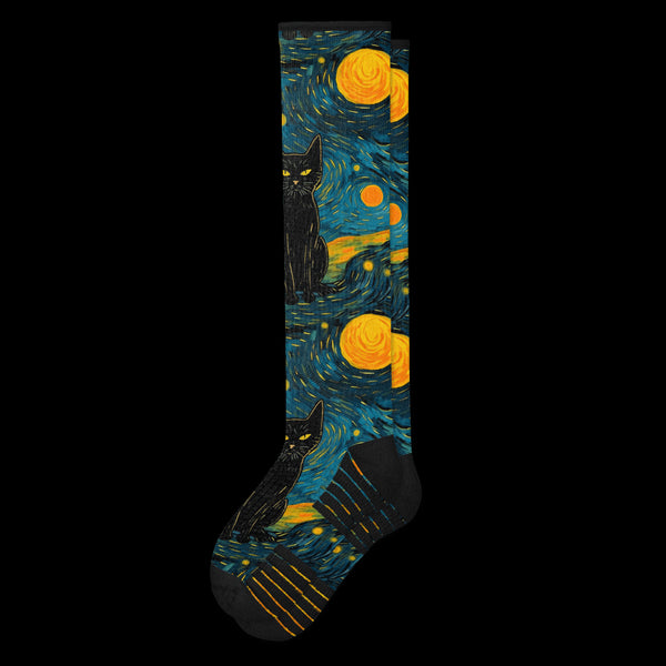 Black Cat and Starry Night Black Compression Socks From Viasox - Flat View