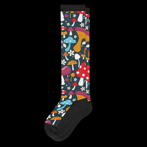 Fall Themed Colorful Mushrooms Galore EasyStretch™ Diabetic Socks Black From Viasox - Flat View