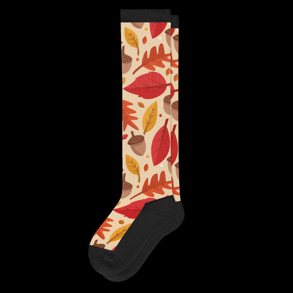 Fall Feels Acorn and Autumn Leaves Black EasyStretch™ Diabetic Socks From Viasox - Flat View