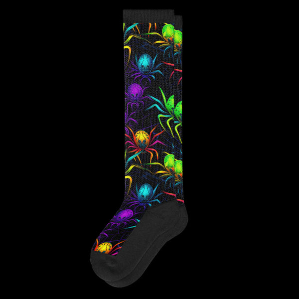 Spooky Colorful Creepy Crawlies Spider Black EasyStretch™ Diabetic Socks from Viasox - Flat View