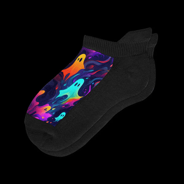 Spooky Colorful Neon Ghosts Black Ankle Socks From Viasox - Flat View