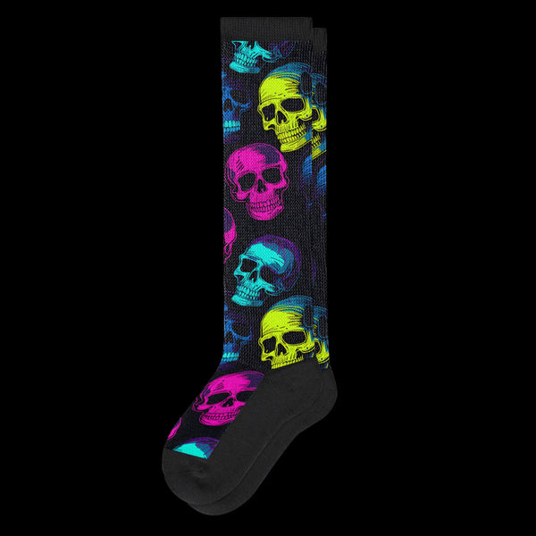 Spooky Colorful Haunted Skulls EasyStretch™ Diabetic Socks From Viasox - Flat View