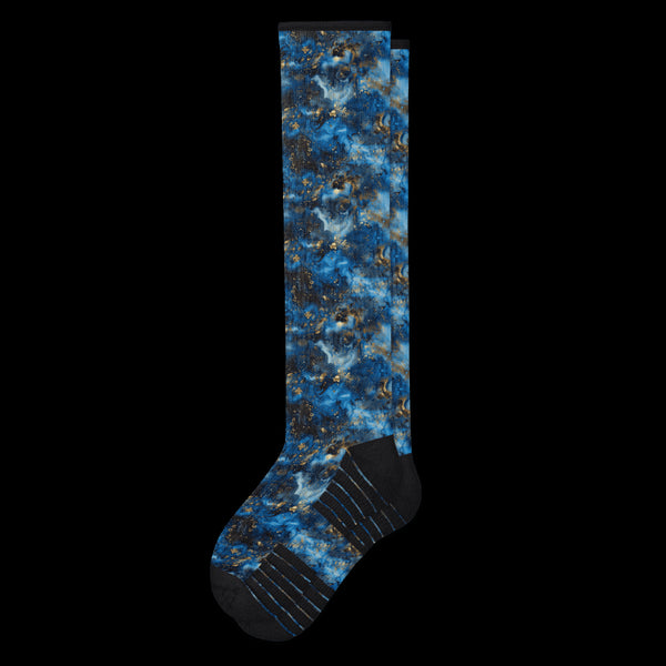 Galaxy Dust Blue and Black Pattern Black Compression Socks From Viasox - Flat View