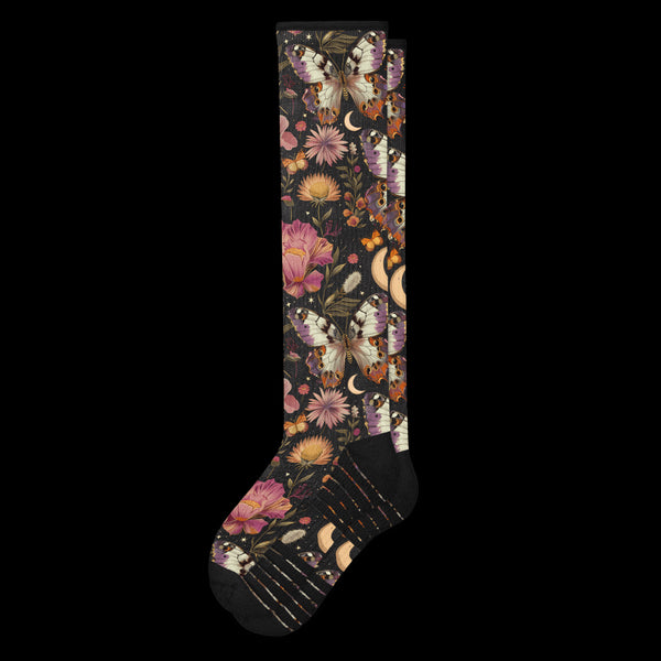 Night Garden Flowers and Butterflies Black Compression Socks From Viasox - Flat View