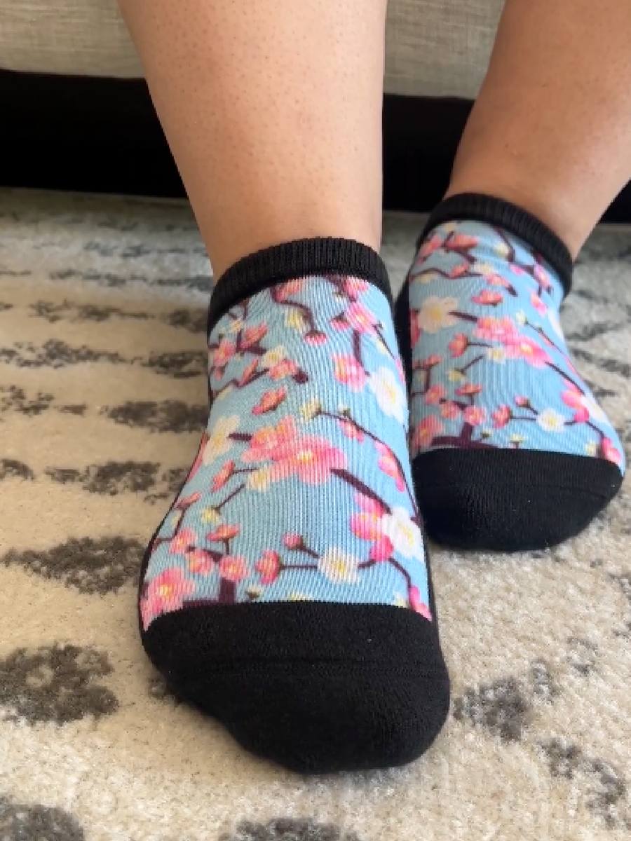 Viasox cherry blossom ankle socks being worn