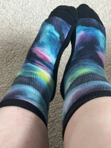Northern-lights EasyStretch™ socks worn while seated